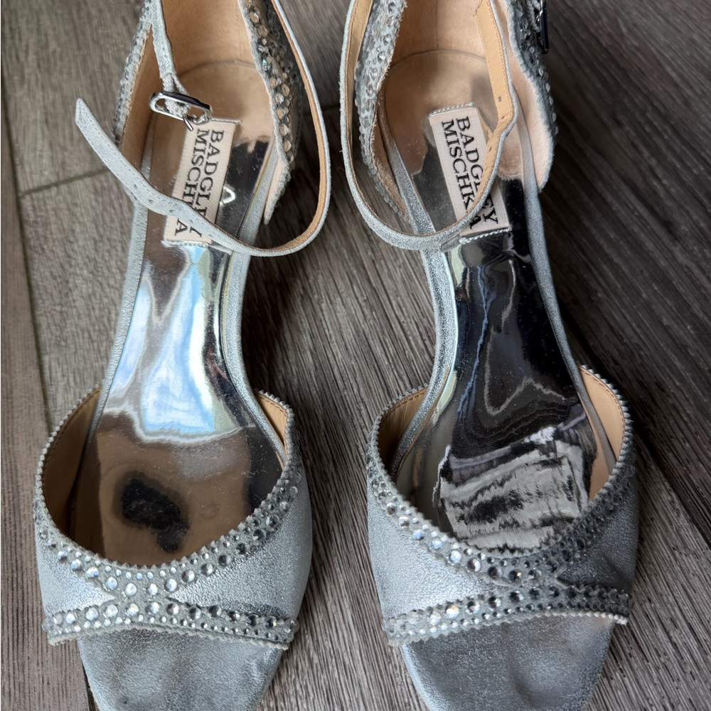 Badgley Mischka Silver Crystal-Embellished Open-Toe Heels